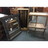 ORIENTAL CARVED WOOD FRAMED MIRROR, A FOLDING 2 TIER TEA STAND & 2 CD RACKS