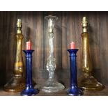 3 GLASS TABLE LAMPS, NOT WIRED & 2 BLUE GLASS CANDLE STICKS