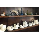 2 SHELVES OF CHINA & GLASS SWANS ETC