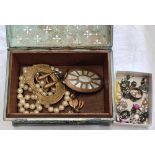 SMALL METAL JEWELLERY BOX EMBOSSED WITH FISH & DRAGONS CONTAINING MISC COSTUME JEWELLERY