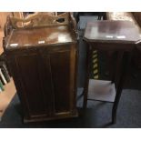 CARVED PINE STORE CUPBOARD WITH 3 SHELVES & MAHOGANY PLANT TABLE