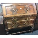 VINTAGE CARVED OAK BUREAU WITH BARLEY TWIST STRETCHERS & BRASS DROP HANDLES, 3ft WIDE