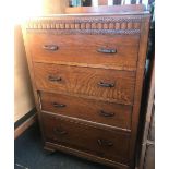 NARROW OAK CHEST OF 4 DRAWERS WITH CARVED FRONT