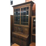 OAK ARTS & CRAFTS BOOKCASE, SECRETAIRE BEVELLED GLASS DISPLAY DOORS 7ft TALL X 3fT 3'' WIDE APPROX