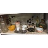 SHELF WITH VINTAGE SODA SYPHON, WROUGHT IRON CANDLE STICK HOLDERS, 2 PIECE PEWTER COFFEE SET WITH