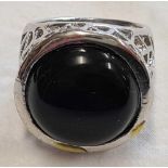 LARGE WHITE METAL RING WITH BLACK STONE