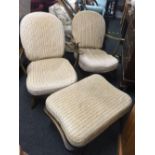 PAIR OF ERCOL UPHOLSTERED ARMCHAIRS & A FOOT STOOL