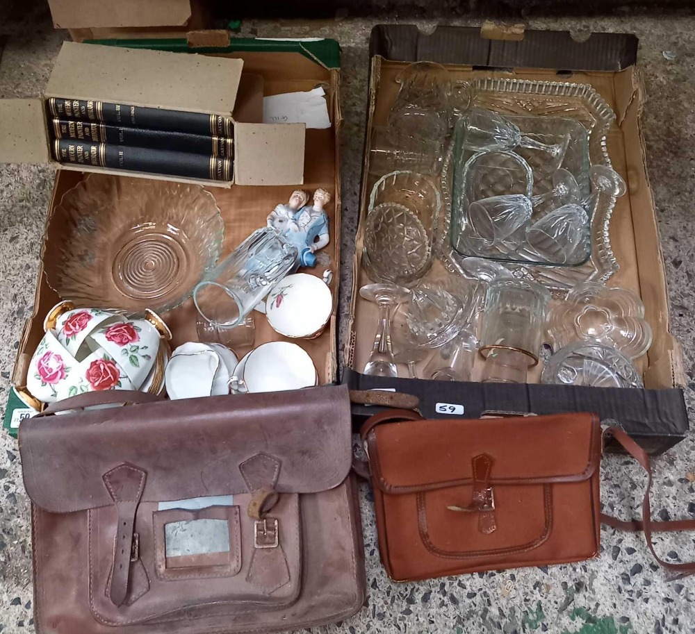 2 CARTONS OF GLASSWARE, CHINA, LEATHER SATCHEL & 1 OTHER