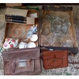 2 CARTONS OF GLASSWARE, CHINA, LEATHER SATCHEL & 1 OTHER