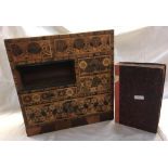 SMALL FILE BOX OF POSTCARDS & A MARQUETRY MINI CABINET WITH DRAWERS, GLASS SLIDING DOORS MISSING