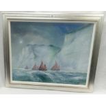 A LARGE OIL PAINTING ON CANVAS OF DARTMOUTH SAILBOATS IN A ROUGH SEA BENEATH CLIFFS, SIGNED ROGER