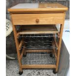 PINE WHEELED SERVING TROLLEY WITH WINE RACK BOTTLE STORAGE