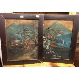 PAIR OF JAPANESE RELIEF PAINTED ON BOARD PICTURES OF MOUNT FUJI ETC