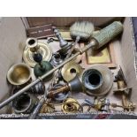 SMALL CARTON OF MIXED BRASS WARE INCL; COMPANION SET, TABLE BELLS, CANDLE STICK & OTHER BRASS WARE