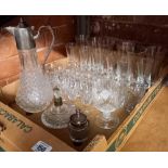 2 CARTONS OF WINE & SHERRY GLASSES, DECANTERS, FANCY GLASSES, GLASS ASHTRAYS & A DARTINGTON 60TH