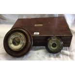 MAHOGANY BRASS CORNERED BOX WITH LID DETACHED, 1 LARGE & 1 SMALL ANEROID BAROMETER