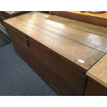 LARGE HEAVY ANTIQUE WOODEN STORAGE CHEST WITH HINGED LID, POSSIBLY CHESTNUT, 5ft WIDE X 2ft DEEP X