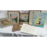 BOX CONTAINING WATERCOLOURS, ANTIQUE PRINTS AND OTHERS TOGETHER WITH AN UNFRAMED ROYAL NAVAL COMMAND