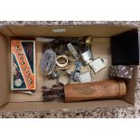 CARTON QUEEN ANN LIGHTER, VINTAGE DARTS IN A BAMBOO PAINT BRUSH POT, WHISTLE, CIGARETTE LIGHTERS,