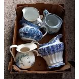 2 CARTONS OF MIXED STUDIO POTTERY JUGS & BLUE & WHITE