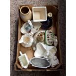 1 CARTON & 1 WOOD DRAWER OF WHITE CHINA, JUGS,VASES, POSY HOLDERS & A CHINA TOAST RACK