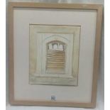 RICHARD HOARE, WATERCOLOUR OF STEPS IN ISTANBUL WITH ARTIST'S DETAILS AND TITLE TO REVERSE ALONG