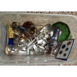 PLASTIC CARTON OF MISC CUTLERY, INCL; SUGAR CASTER & SALT & PEPPER SETS