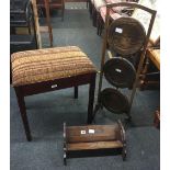 OAK BOOKSHELF, UPHOLSTERED PIANO STOOL WITH HINGED LID & A FOLDING 3 TIER OAK CAKE STAND