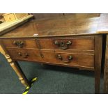 GEORGIAN OAK SIDE TABLE WITH 3 DRAWERS, 1 LONG & 2 SHORT, WITH BRASS DROP HANDLES