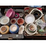 2 CARTONS OF MIXED CHINAWARE INCL; FLOWERPOTS, VASES, BED SLIPPER PAN & A COCKEREL WITH A GLASS