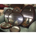 QTY OF 5 OVAL WOOD FRAMED MIRRORS, 2 INLAID & 3 BEVELLED EDGE