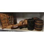 SHELF OF TREEN WITH CARVED MORTAR & PESTLE, SMALL JEWELLERY CASKET, TRAVELLING CLOCK CASE ETC