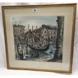 WATERCOLOUR OF GONDOLAS IN A VENETIAN CANAL, SIGNED INDISTINCTLY AND WITH LABELS TO REVERSE