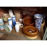 SHELF OF MISC VASES, CROCK POTS, JUGS