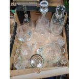 CARTON OF GLASSWARE INCL; 2 DECANTERS, GLASS TABLE BELL WITH SAILING SHIP & OTHER GLASSWARE