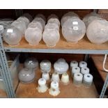 2 SHELVES OF VARIOUS SIZED ACID ETCHED & OPAQUE GLASS OIL LAMP SHADES