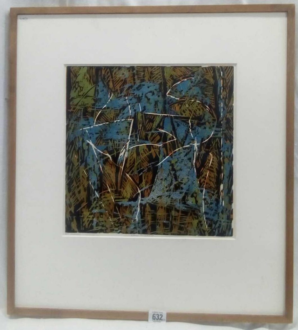 ARTIST'S PROOF LINO CUT OF AN ABSTRACT SUBJECT BY EDWIN BRIGDALE, SIGNED & INSCRIBED IN THE MARGIN