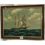 OIL PAINTING ON CANVAS OF A 3-MASTER IN FULL SAIL, INDISTINCTLY SIGNED