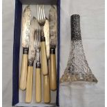 4 SILVER BLADED FISH KNIVES 2 FORKS WITH BONE HANDLES & A CUT GLASS SILVER TOP POSY HOLDER A/F