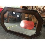 OCTAGONAL OAK FRAMED BEVELLED EDGE MIRROR WITH BEADED DECORATION & ANOTHER UNFRAMED BEVELLED EDGE