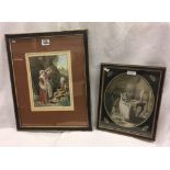 TWO ANTIQUE PRINTS; ONE A CONTINENTAL HAND-COLOURED ENGRAVING OF 3 FIGURES WITH EXTENSIVE DETAILS TO