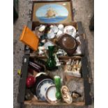 2 CARTONS OF MISC GLASS & CHINAWARE INCL; CLOCKS & A TRAY PICTURE OF A CRUSADER SHIP