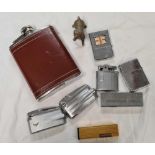 TIN OF CIGARETTE LIGHTERS INCL; ZIPPO, RONSON, A STAINLESS STEEL HIP FLASK & METAL DOG