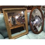 OVAL OAK FRAMED & BEVELLED EDGE MIRROR & A RECTANGULAR GILT FRAMED MIRROR