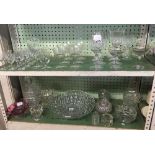 2 SHELVES OF VARIOUS GLASSWARE INCL; 2 BABYCHAM GLASSES, WINE GLASSES ETC