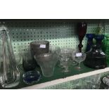 SHELF OF VARIOUS STUDIO COLOURED & OTHER GLASSWARE
