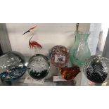 4 GLASS PAPER WEIGHTS, VASE & 2 BIRD FIGURES