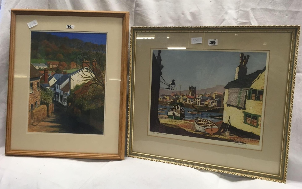 F/G PRINT OF ST.IVES BY MARTIN GARVEY & AN ACRYLIC OF DUNSTER, SOMERSET BY A OVERTON