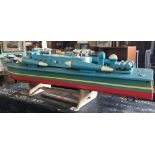 HAND BUILT WOODEN TORPEDO BOAT WITH ELECTRIC MOTOR & BOX, NOT KNOWN IF WORKING