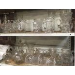 2 SHELVES OF GLASSWARE INCL; JUGS, VASES, DECANTERS & GLASSES